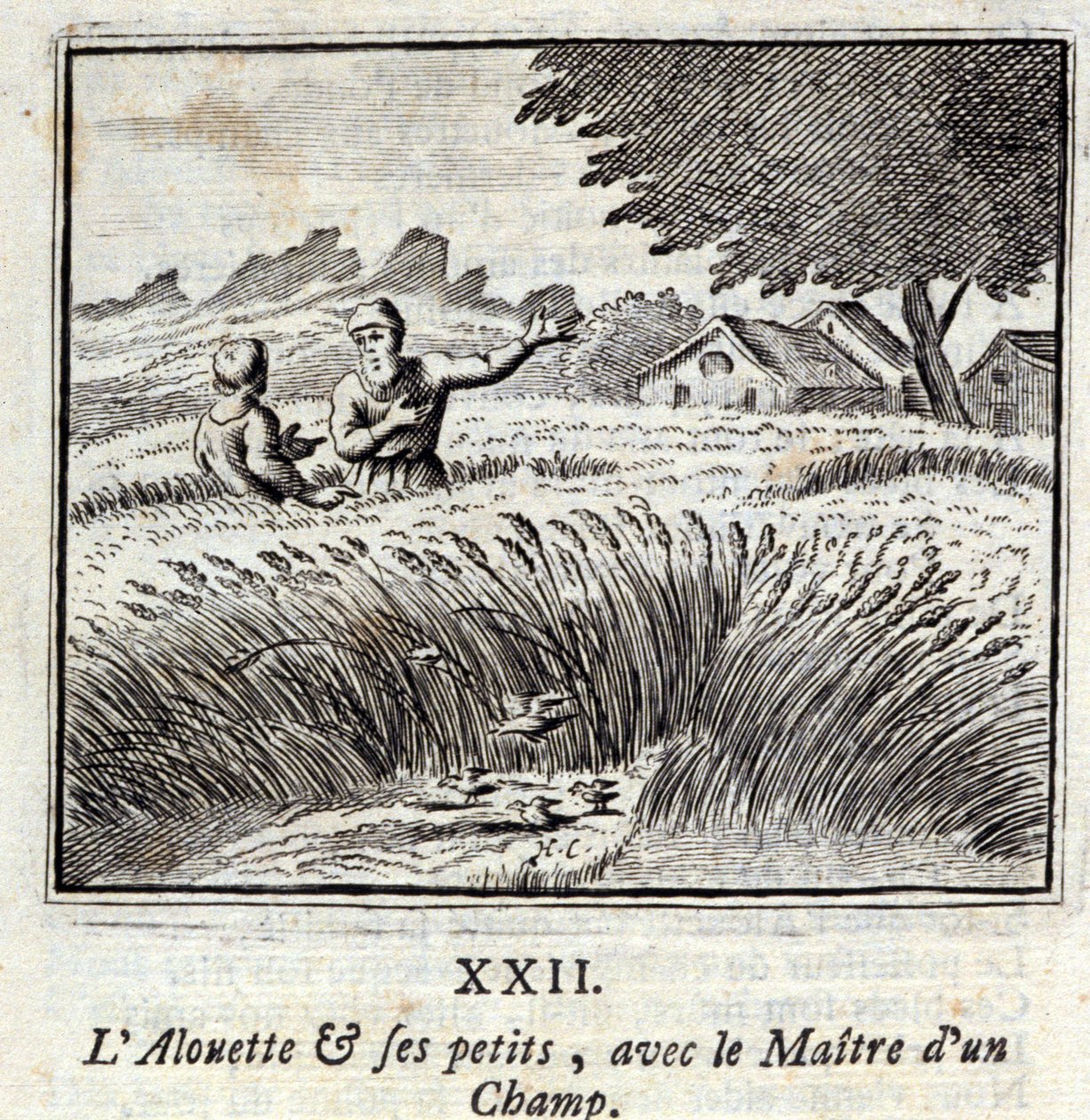De leeuwerik en zijn jongen met de meester van een veld. Fabels door Jean de La Fontaine (1621-95). Illustratie door François Chauveau (1613-1676). Editie van 1728. door Francois Chauveau