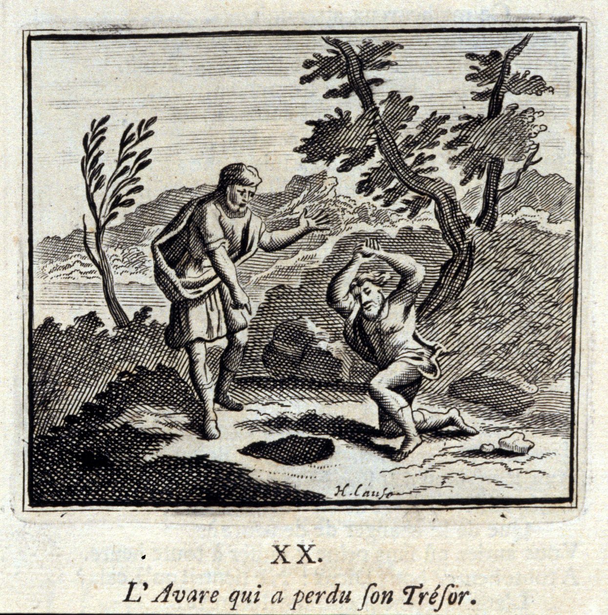 De vrek die zijn schat verloor. Fabels door Jean de La Fontaine (1621-95). Illustratie door François Chauveau (1613-1676). Editie van 1728. door Francois Chauveau