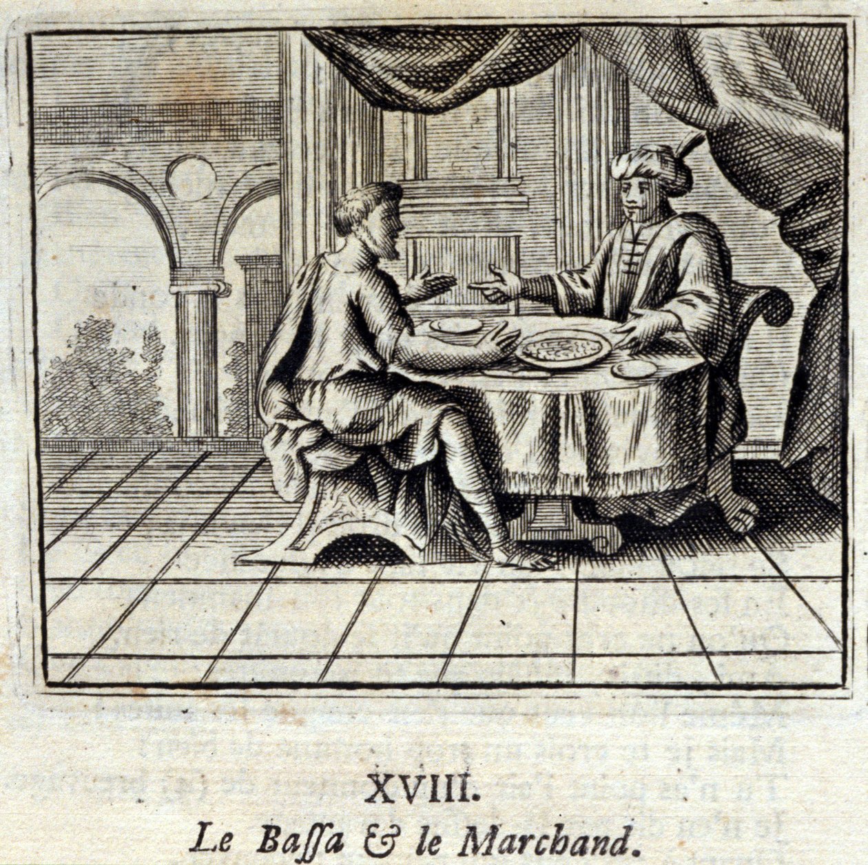 De Bassa en de koopman. Fabels door Jean de La Fontaine (1621-95). Illustratie door François Chauveau (1613-1676). Editie van 1728. door Francois Chauveau