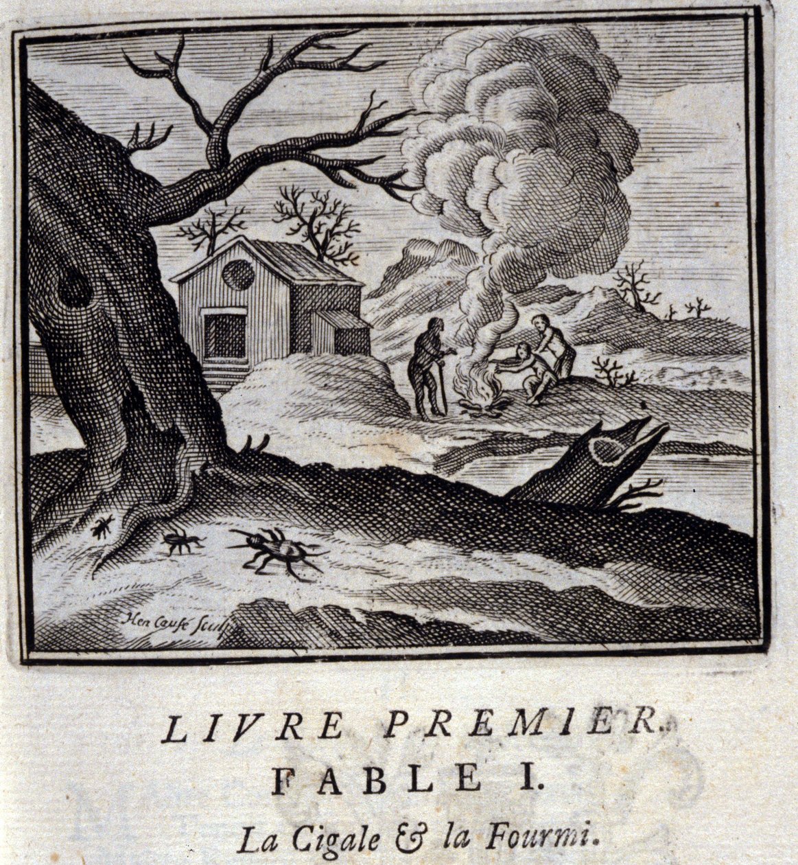 De krekel en de mier. Fabels van Jean de La Fontaine. Illustratie door François Chauveau. Editie van 1728. door Francois Chauveau