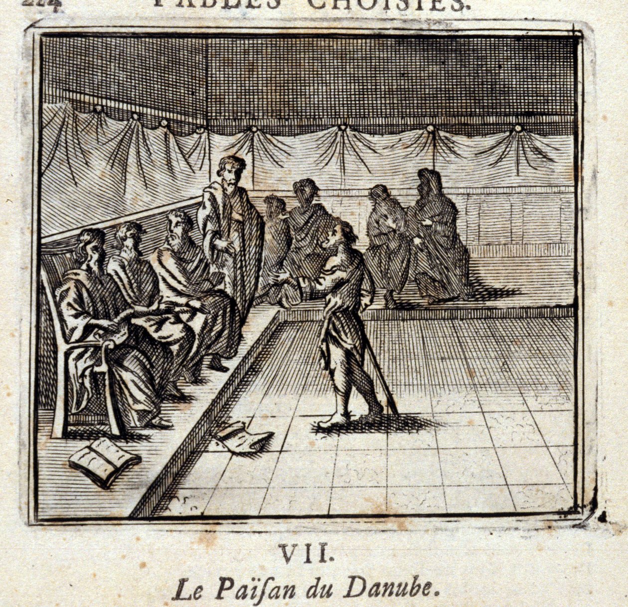De boer van de Donau. Fabels door Jean de La Fontaine (1621-95). Illustratie door François Chauveau (1613-1676). Editie van 1728. door Francois Chauveau