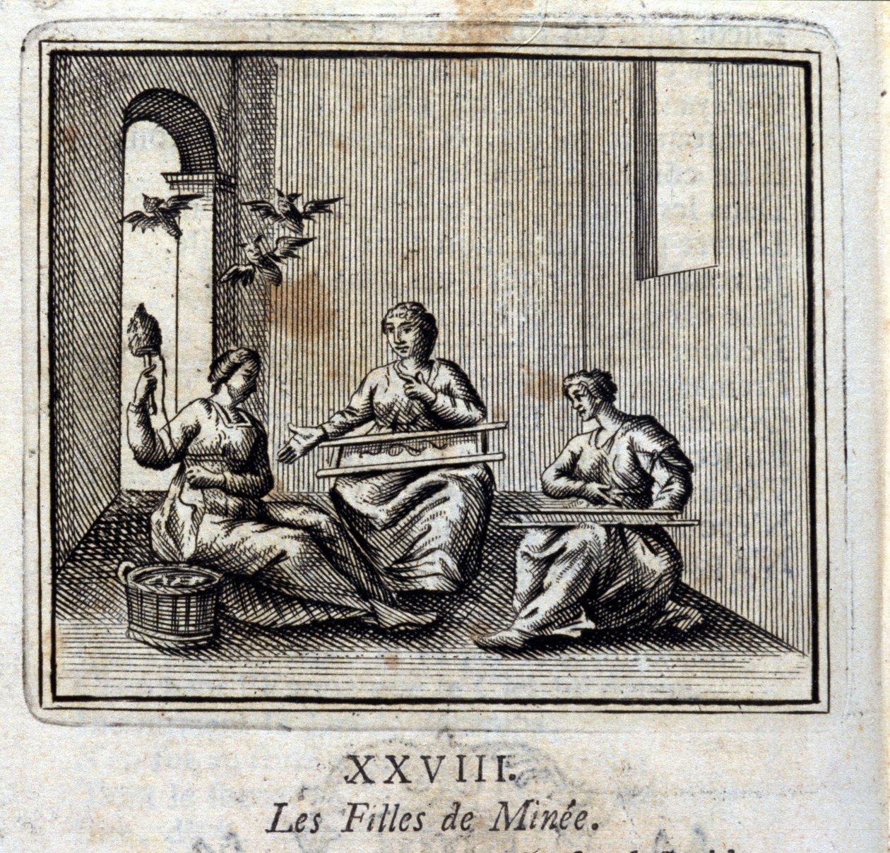 De dochters van Minée. Fabels door Jean de La Fontaine. Illustratie door François Chauveau. Editie van 1728 door Francois Chauveau