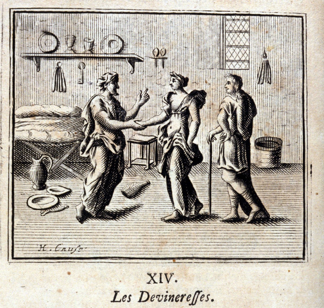De waarzegsters. Fabels door Jean de La Fontaine. Illustratie door François Chauveau. Editie van 1728 door Francois Chauveau