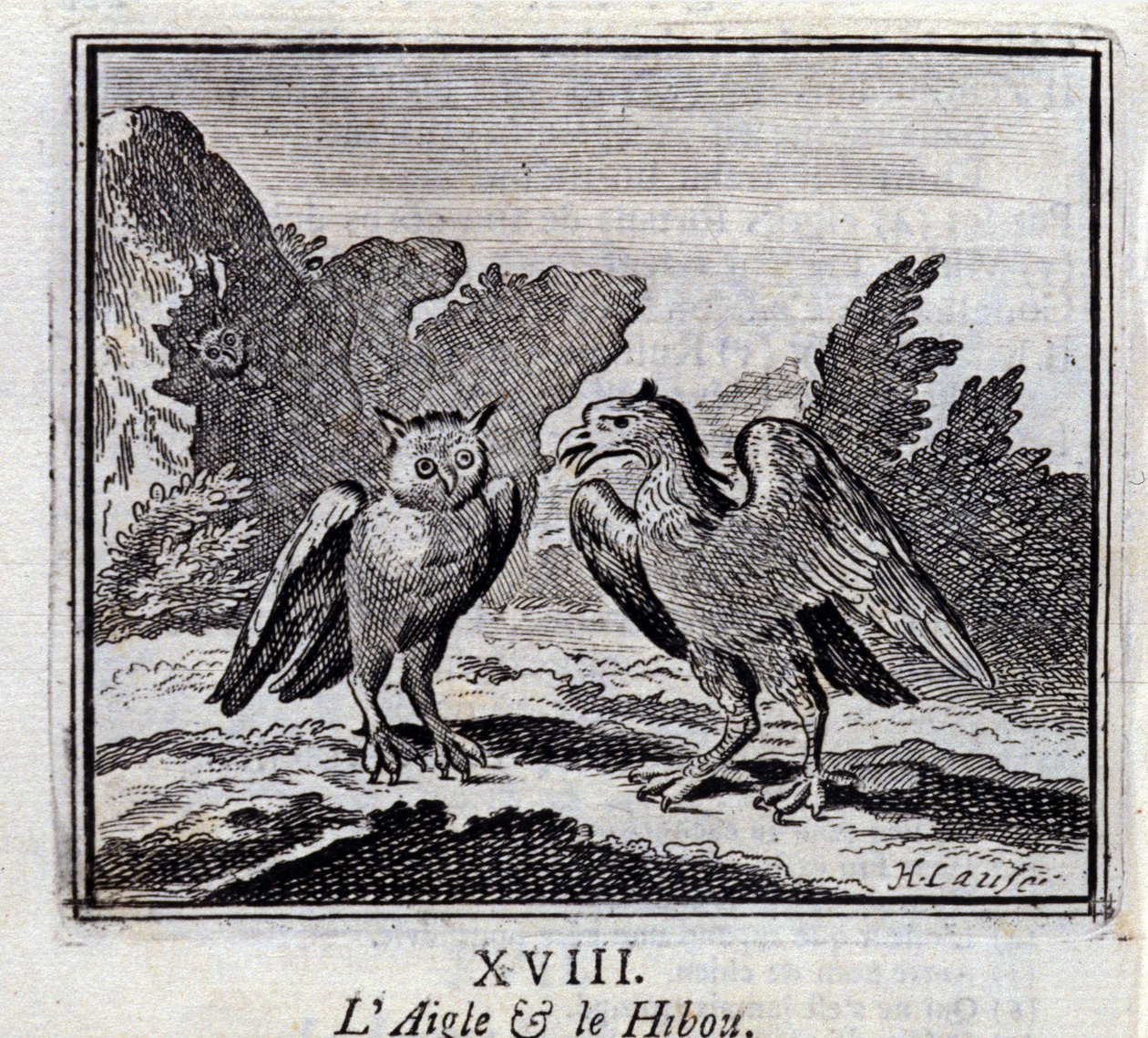 De Adelaar en de Uil. Fabels van Jean de La Fontaine. Illustratie door François Chauveau. Editie van 1728. door Francois Chauveau