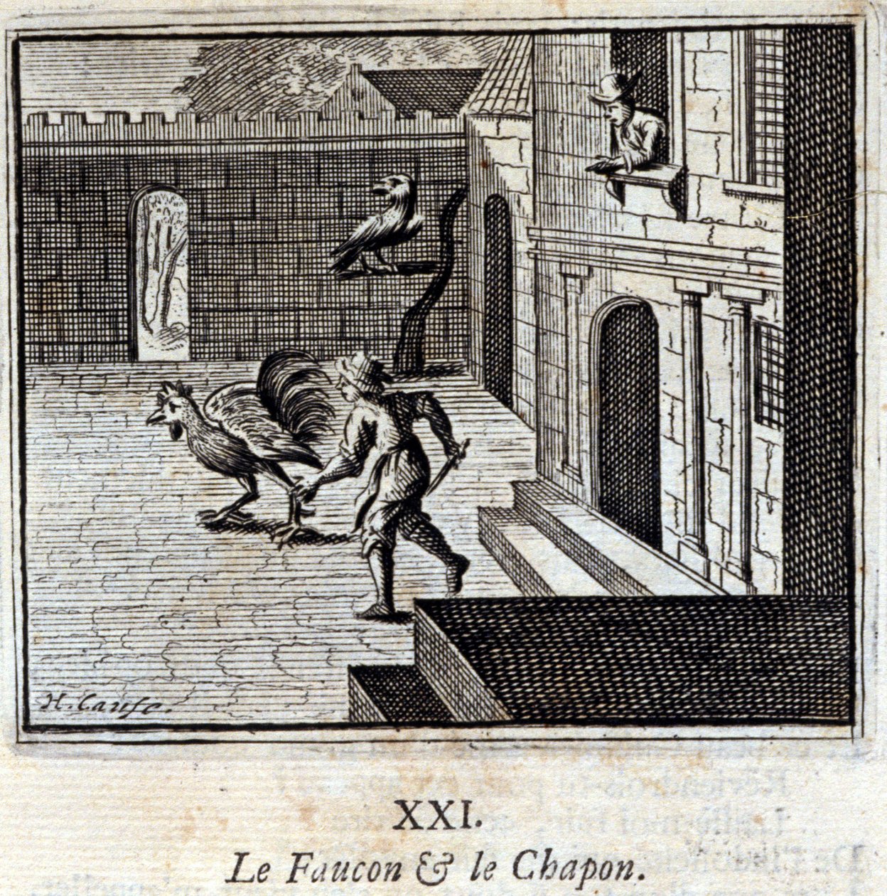 De valk en de kapoen. Fabels door Jean de La Fontaine (1621-95). Illustratie door François Chauveau (1613-1676). Editie van 1728. door Francois Chauveau