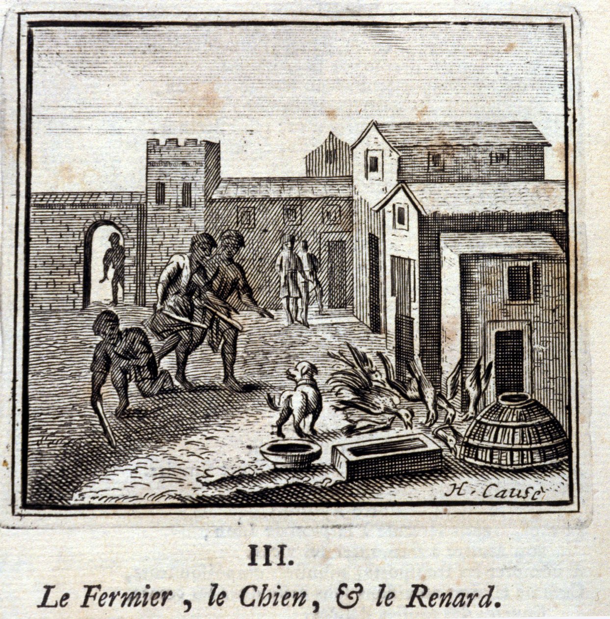 De Boer, de Hond en de Vos. Fabels van Jean de La Fontaine. Illustratie door François Chauveau. Editie van 1728. door Francois Chauveau