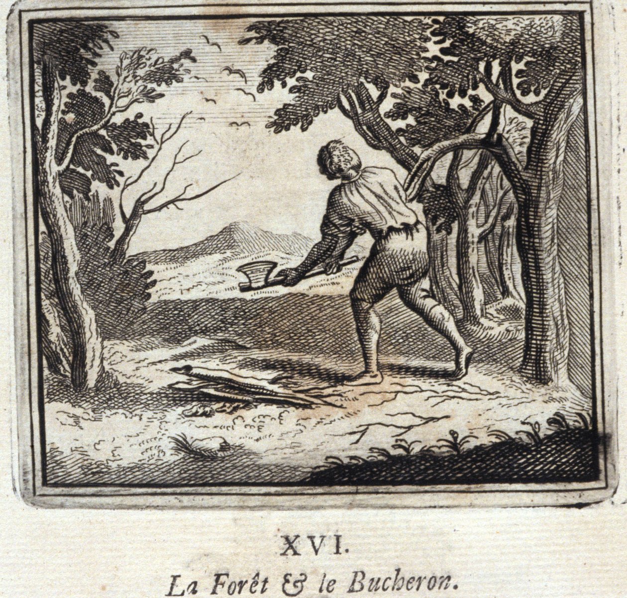 Het Bos en de Houthakker. Fabels van Jean de La Fontaine. Illustratie door François Chauveau. Editie van 1728. door Francois Chauveau