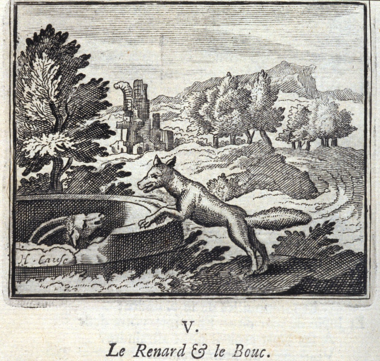 De Vos en de Bouc. Fabels van Jean de La Fontaine. Illustratie door François Chauveau. Editie van 1728. door Francois Chauveau