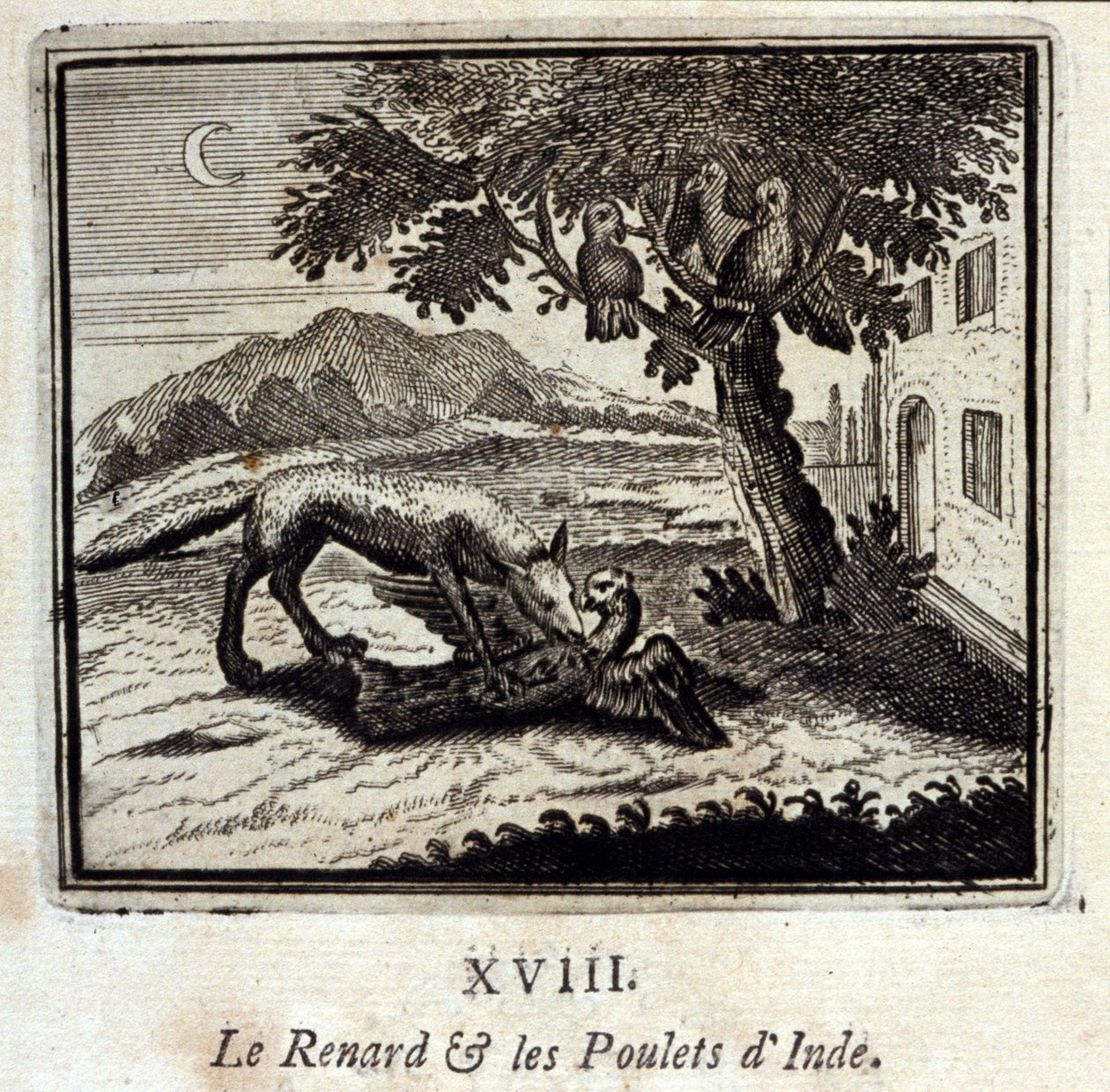 De vos en de kippen van India. Fabels van Jean de La Fontaine. Illustratie door François Chauveau. Editie van 1728. door Francois Chauveau