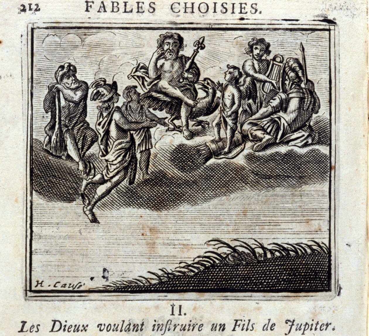De goden die een zoon van Jupiter willen onderwijzen. Fabels door Jean de La Fontaine (1621-95). Illustratie door François Chauveau (1613-1676). Editie van 1728. door Francois Chauveau