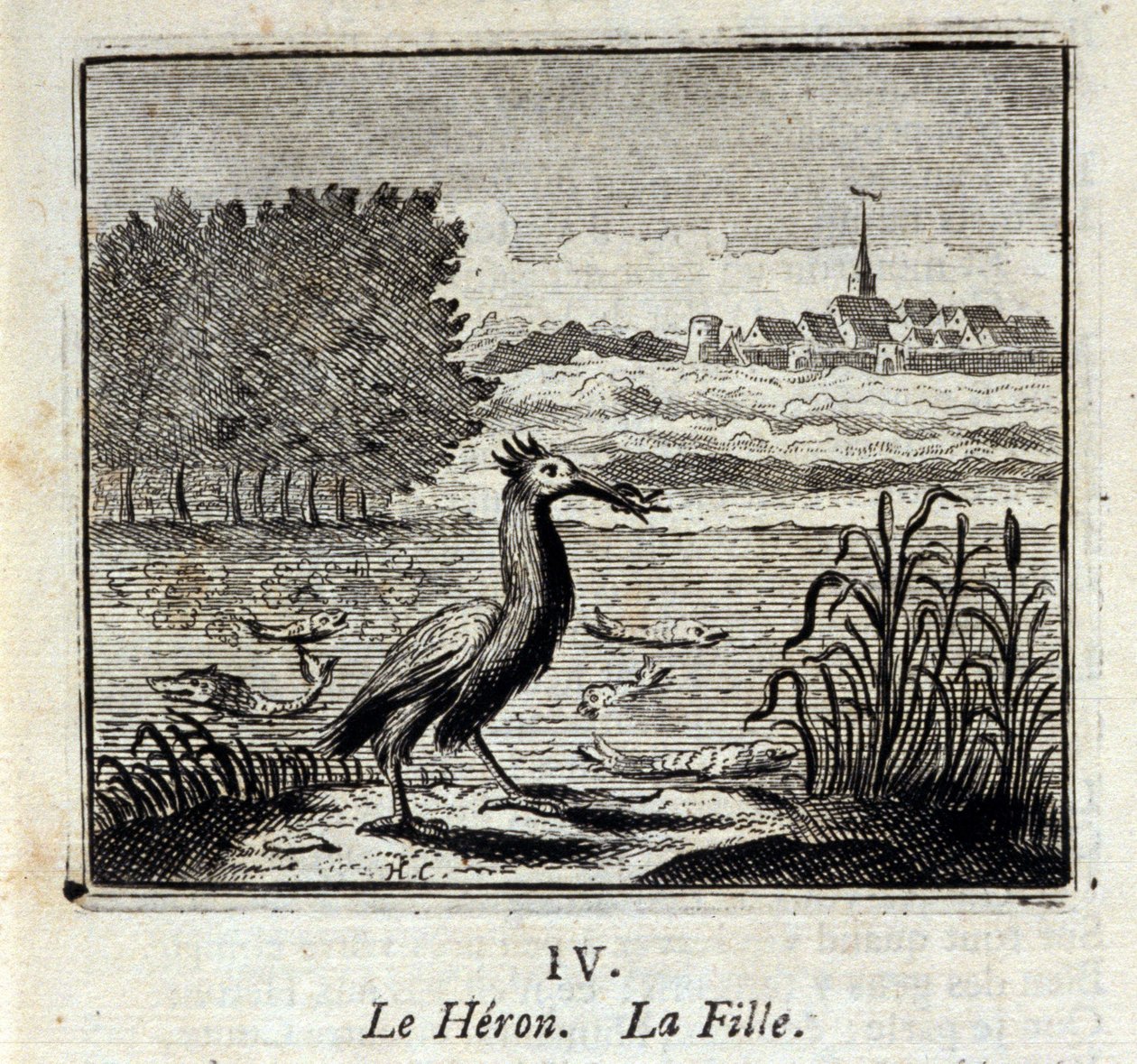 De reiger. Fabels door Jean de La Fontaine (1621-95). Illustratie door François Chauveau (1613-1676). Editie van 1728. door Francois Chauveau