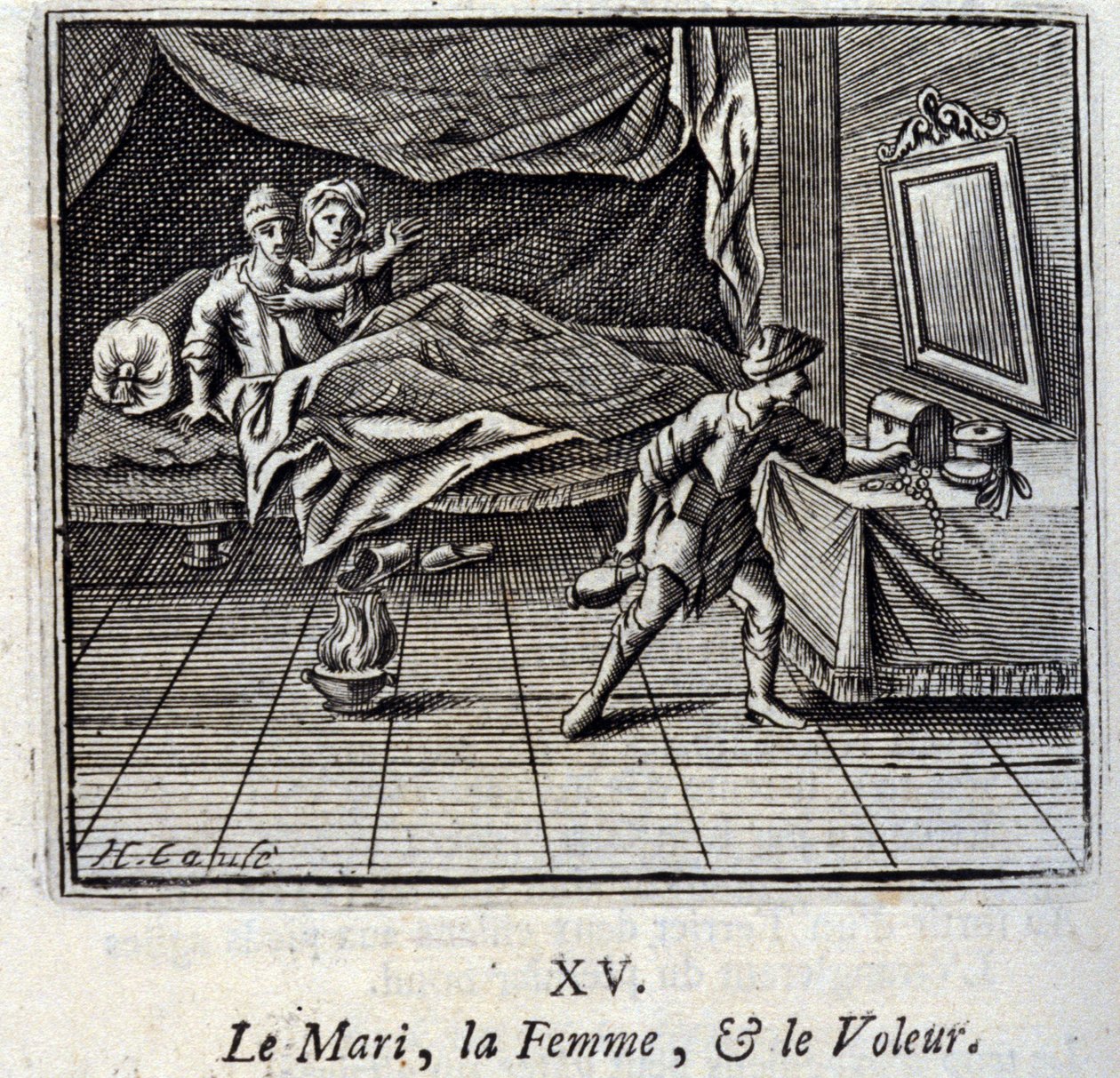 De Echtgenoot, de Vrouw en de Dief. Fabels van Jean de La Fontaine. Illustratie door François Chauveau. Editie van 1728. door Francois Chauveau