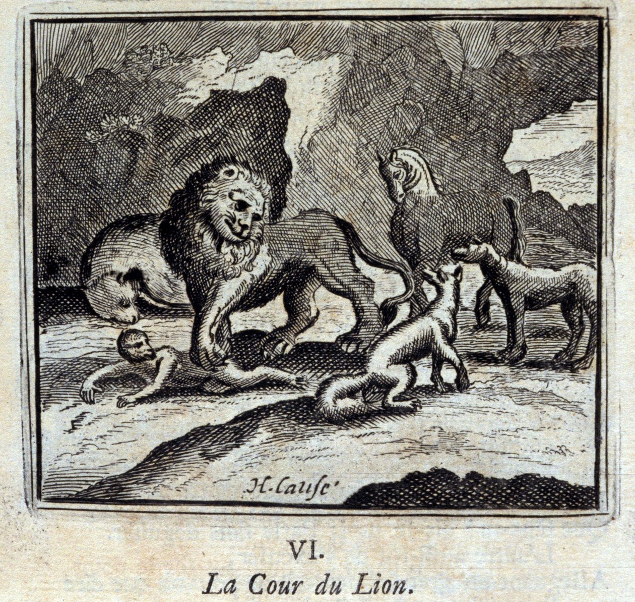 Het hof van de leeuw. Fabels door Jean de La Fontaine (1621-95). Illustratie door François Chauveau (1613-1676). Editie van 1728. door Francois Chauveau