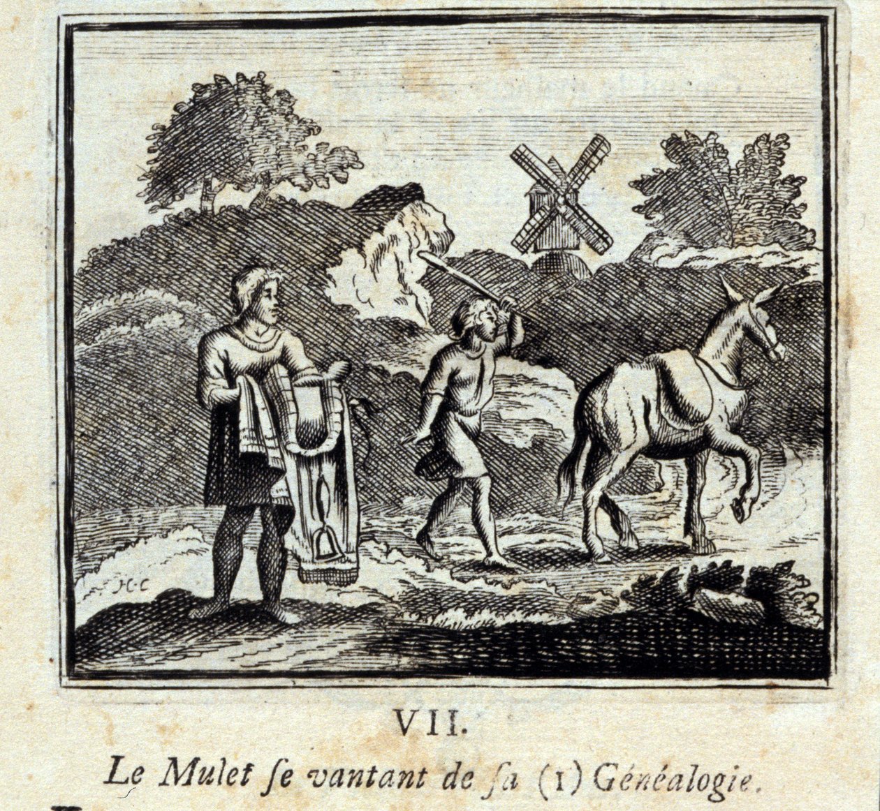 De Mullet die opschept over zijn genealogie. Fabels door Jean de La Fontaine (1621-95). Illustratie door François Chauveau (1613-1676). Editie van 1728. door Francois Chauveau