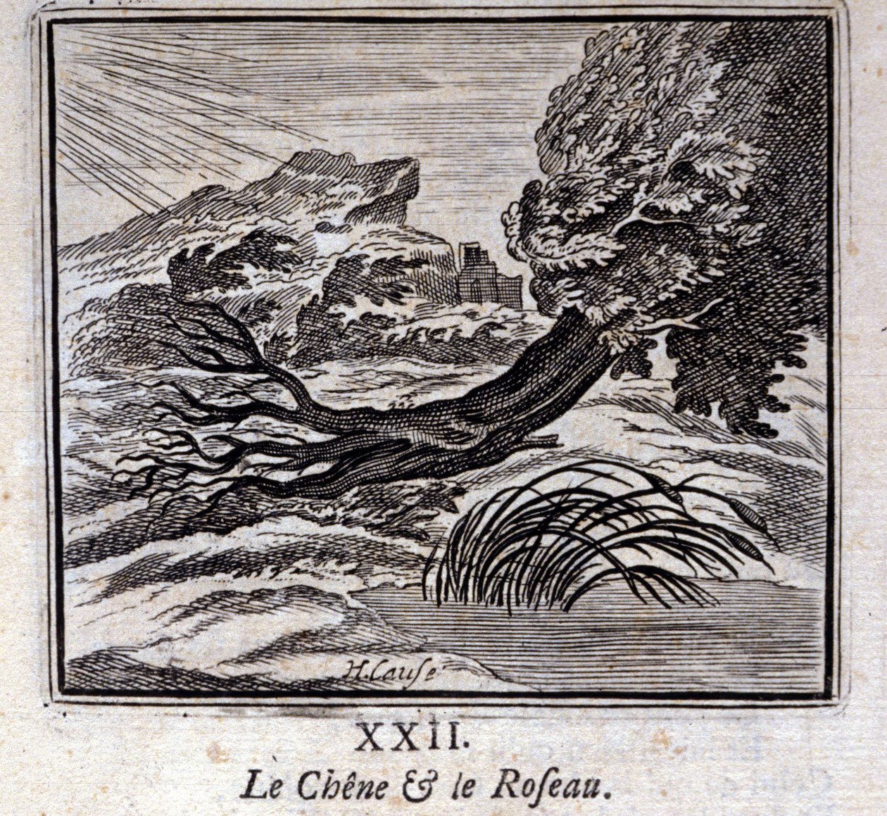 De Eik en het Riet. Fabels van Jean de La Fontaine. Illustratie door François Chauveau. Editie van 1728. door Francois Chauveau