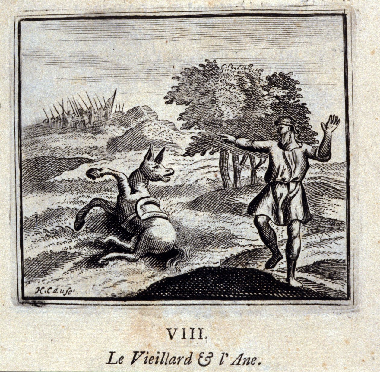 De oude man en de ezel. Fabels door Jean de La Fontaine (1621-95). Illustratie door François Chauveau (1613-1676). Editie van 1728. door Francois Chauveau