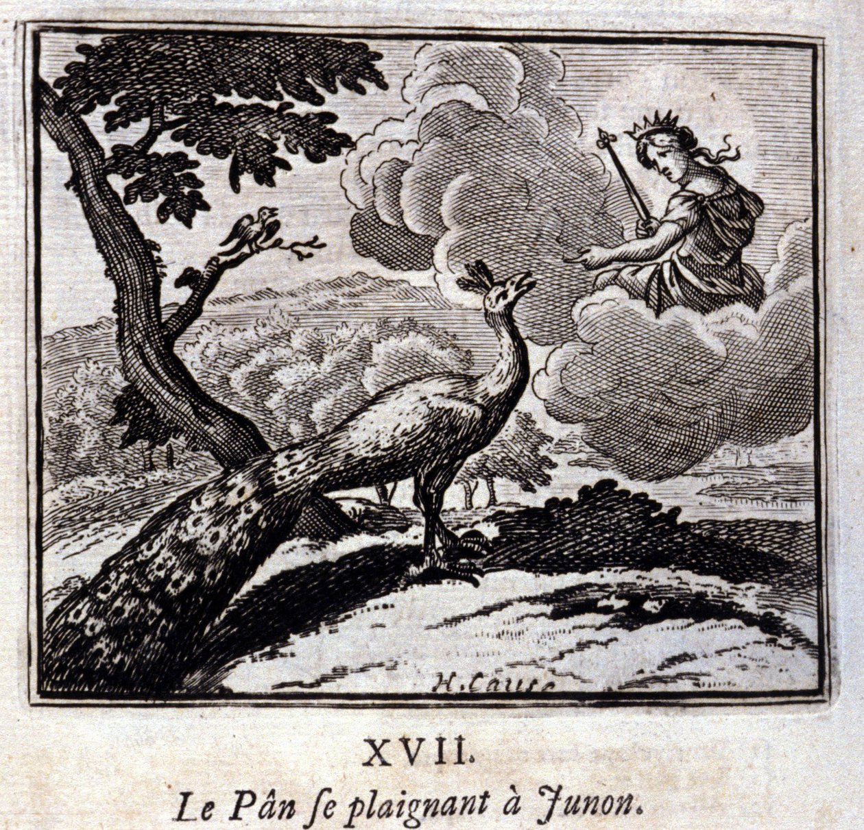 De Pauw die klaagt bij Juno. Fabels van Jean de La Fontaine. Illustratie door François Chauveau. Editie van 1728. door Francois Chauveau