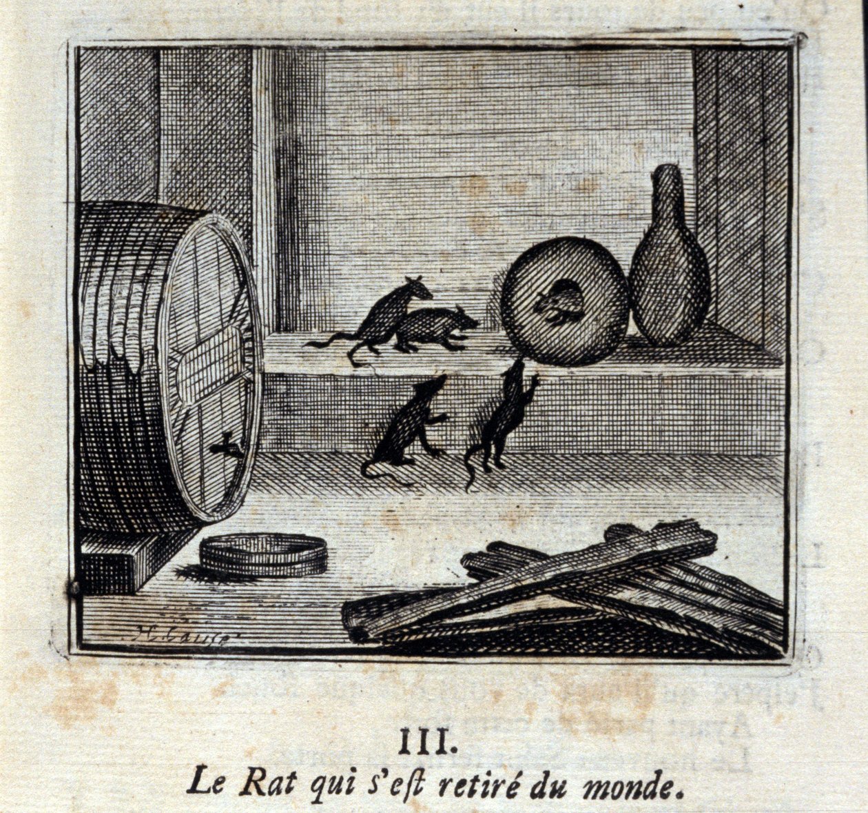 De rat die zich terugtrok uit de wereld. Fabels door Jean de La Fontaine (1621-95). Illustratie door François Chauveau (1613-1676). Editie van 1728. door Francois Chauveau