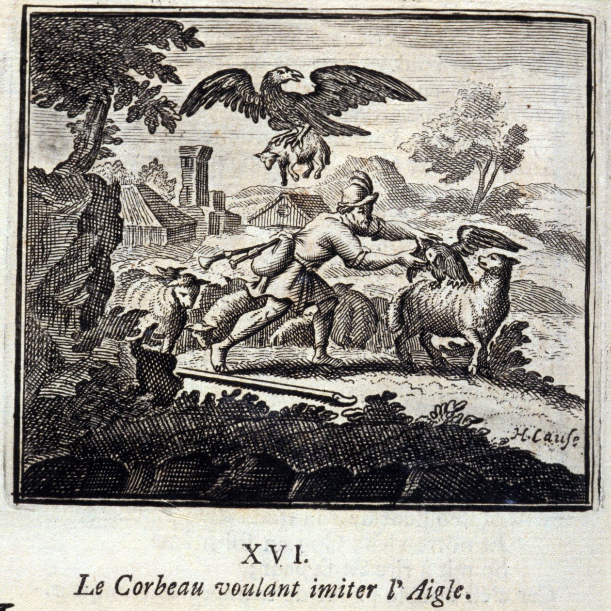 De Raaf die de Adelaar wil imiteren. Fabels van Jean de La Fontaine. Illustratie door François Chauveau. Editie van 1728. door Francois Chauveau