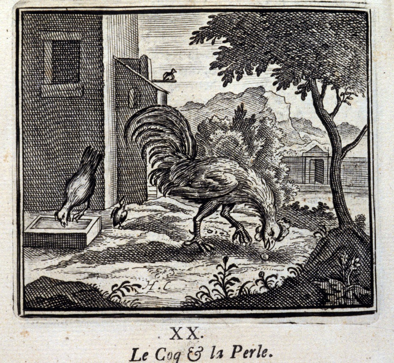 De haan en de parel. Fabels van Jean de La Fontaine (1621-95). Illustratie door François Chauveau (1613-1676). Editie van 1728. door Francois Chauveau