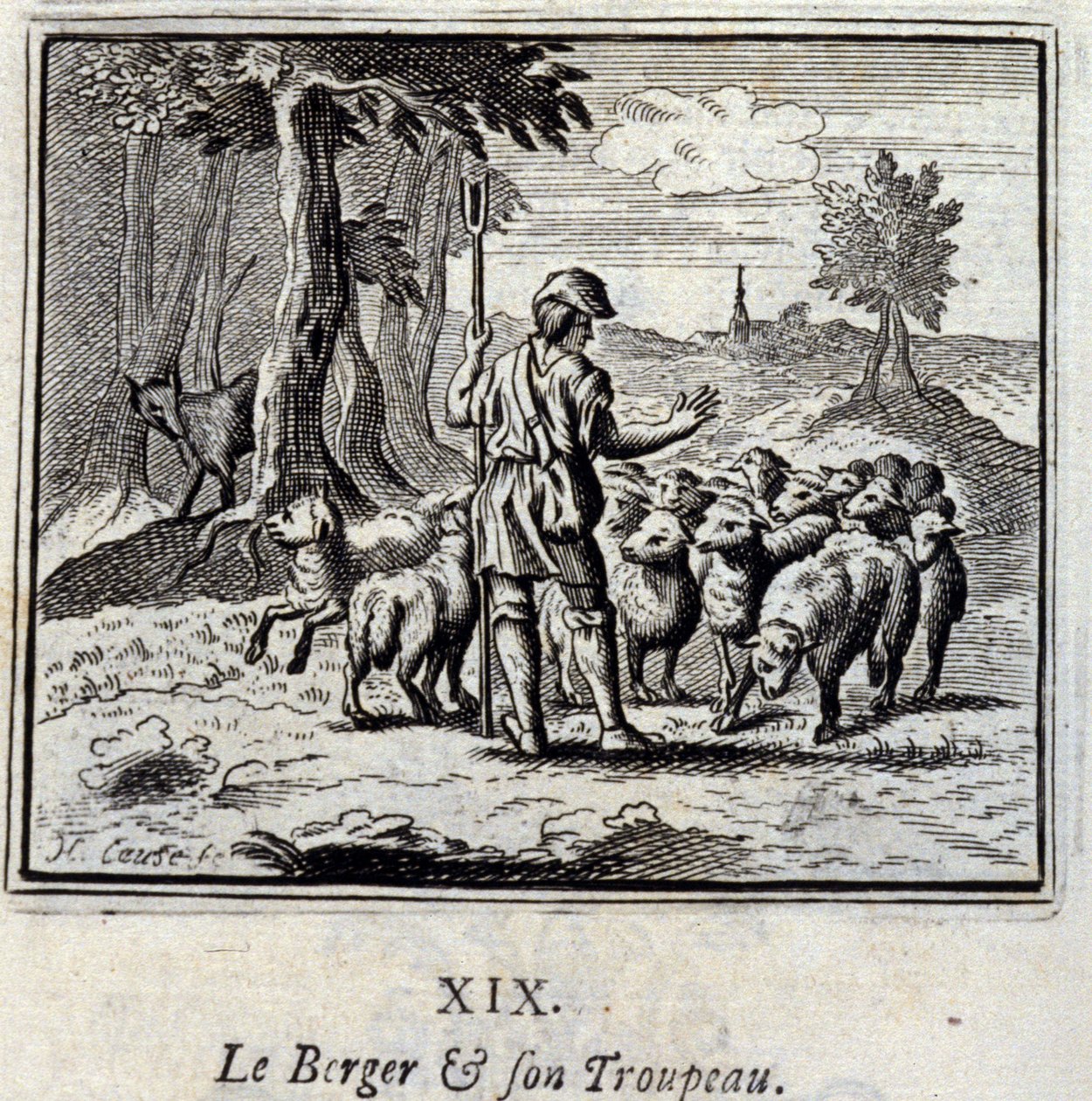 De herder en zijn kudde. Fabels door Jean de La Fontaine (1621-95). Illustratie door François Chauveau (1613-1676). Editie van 1728. door Francois Chauveau