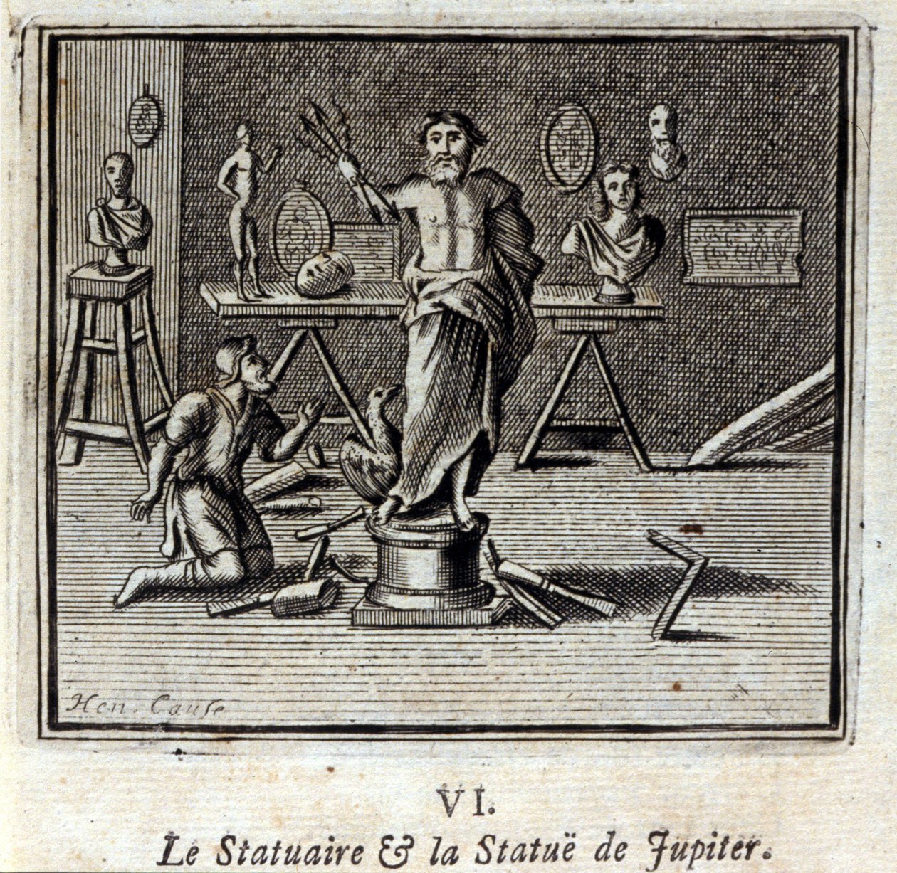 De beeldhouwer en het standbeeld van Jupiter. Fabels door Jean de La Fontaine (1621-95). Illustratie door François Chauveau (1613-1676). Editie van 1728. door Francois Chauveau