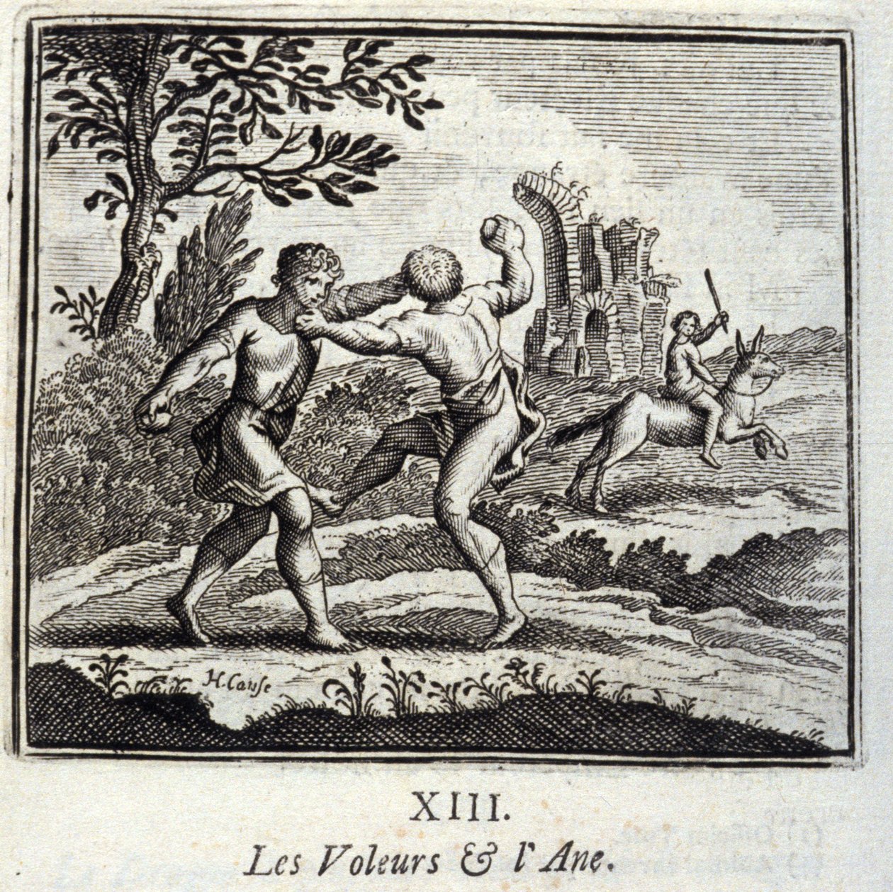 De dieven en de ezel. Fabels door Jean de La Fontaine (1621-95). Illustratie door François Chauveau (1613-1676). Editie van 1728. door Francois Chauveau