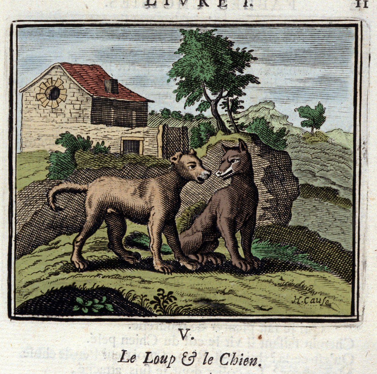 De Wolf en de Hond. Fabels door Jean de La Fontaine (1621-1695). Illustratie door Francois Chauveau (1613-1676). Editie van 1728 door Francois Chauveau