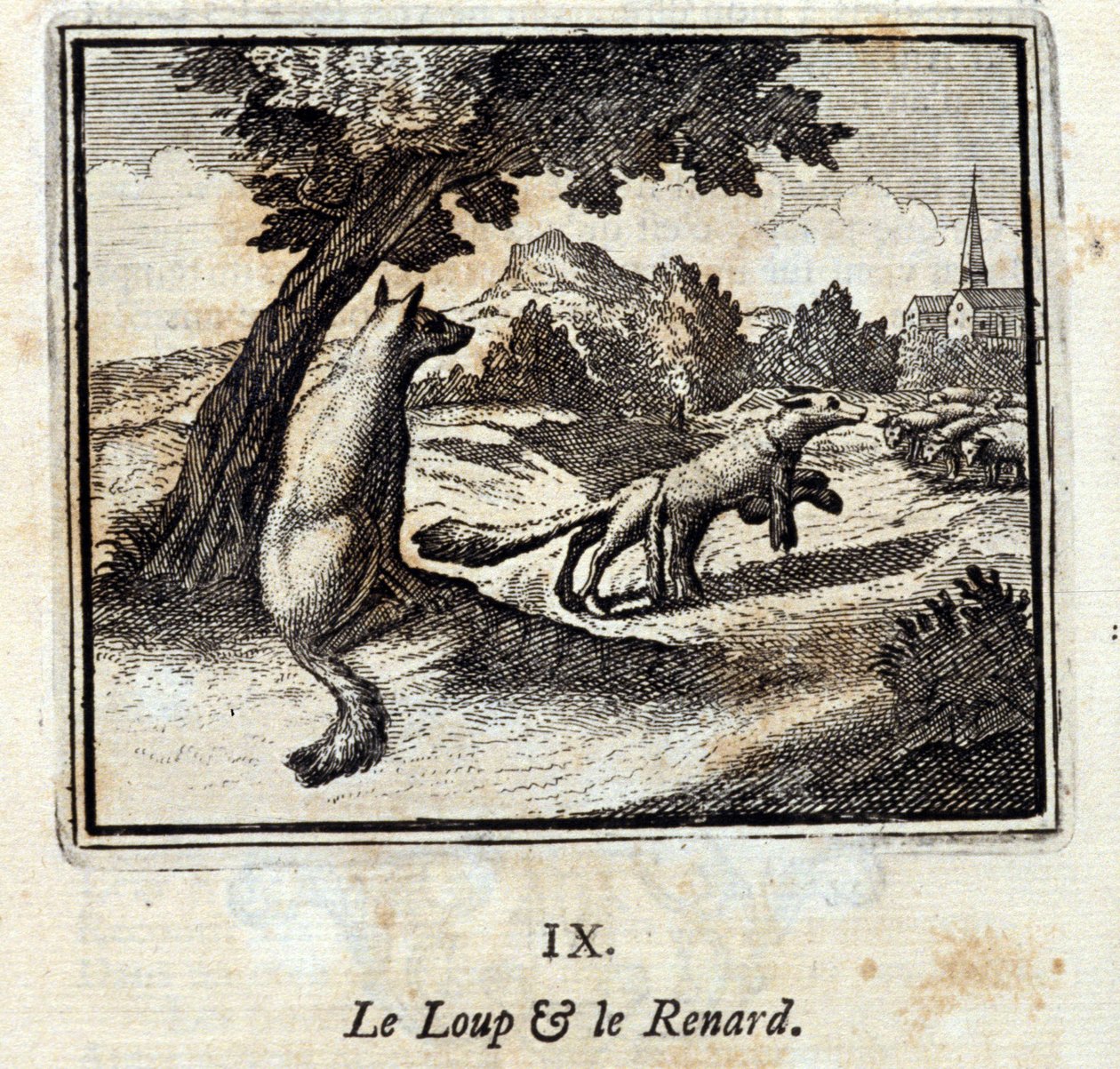 De wolf en de vos. Fabels van Jean de La Fontaine. Illustratie door François Chauveau. Editie van 1728. door Francois Chauveau