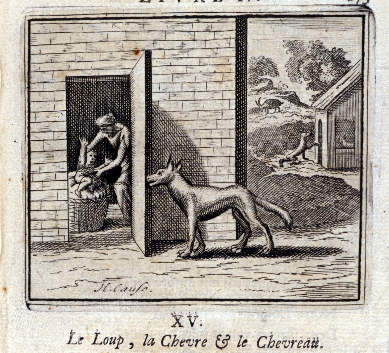 De Wolf, de Geit en de Geit. Fabels van Jean de La Fontaine. Illustratie door François Chauveau. Editie van 1728. door Francois Chauveau