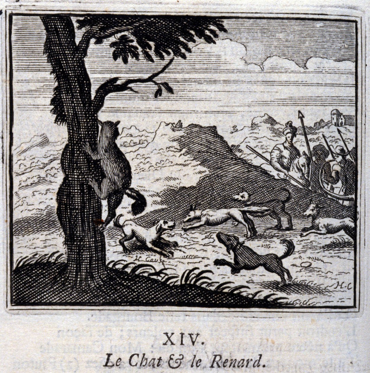 De kat en de vos. Fabels van Jean de La Fontaine. Illustratie door François Chauveau. Editie van 1728. door Francois Chauveau