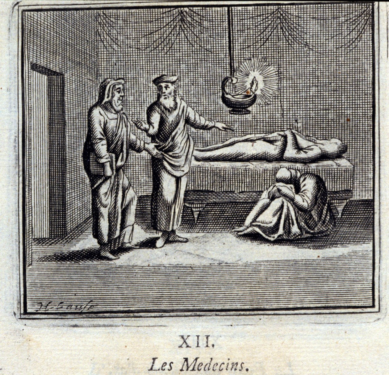 De dokters. Fabels van Jean de La Fontaine. Illustratie door François Chauveau. Editie van 1728. door Francois Chauveau
