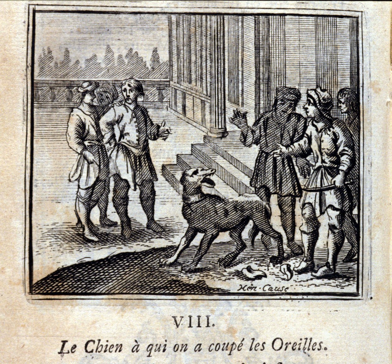 De hond waarvan we zijn oren afsneden. Fabels van Jean de La Fontaine. Illustratie door François Chauveau. Editie van 1728. door Francois Chauveau