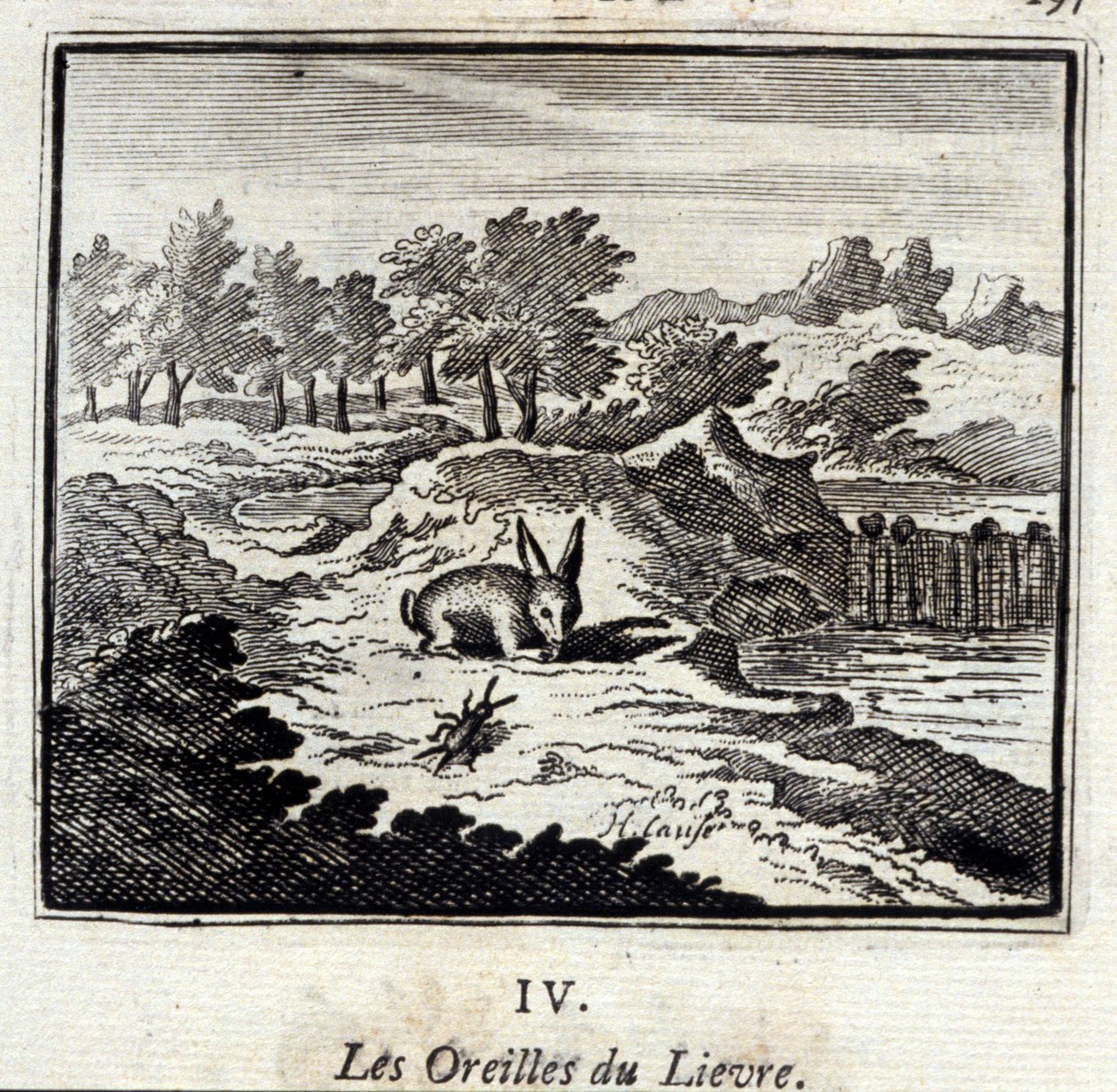 De oren van de haas. Fabels van Jean de La Fontaine. Illustratie door François Chauveau. Editie van 1728. door Francois Chauveau