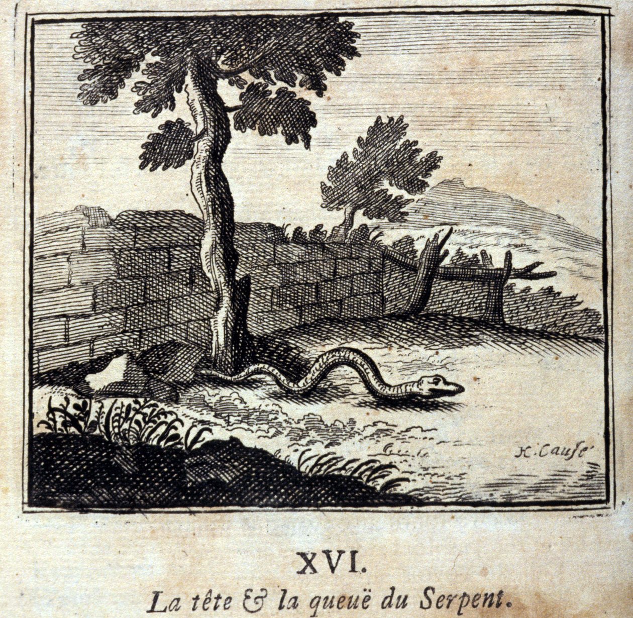 De kop en staart van de slang. Fabels door Jean de La Fontaine (1621-95). Illustratie door François Chauveau (1613-1676). Editie van 1728. door Francois Chauveau