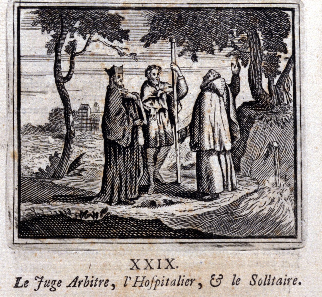 De rechter scheidsrechtert de Hospitaalridder en de Kluizenaar. Fabels door Jean de La Fontaine. Illustratie door François Chauveau. Editie van 1728 door Francois Chauveau