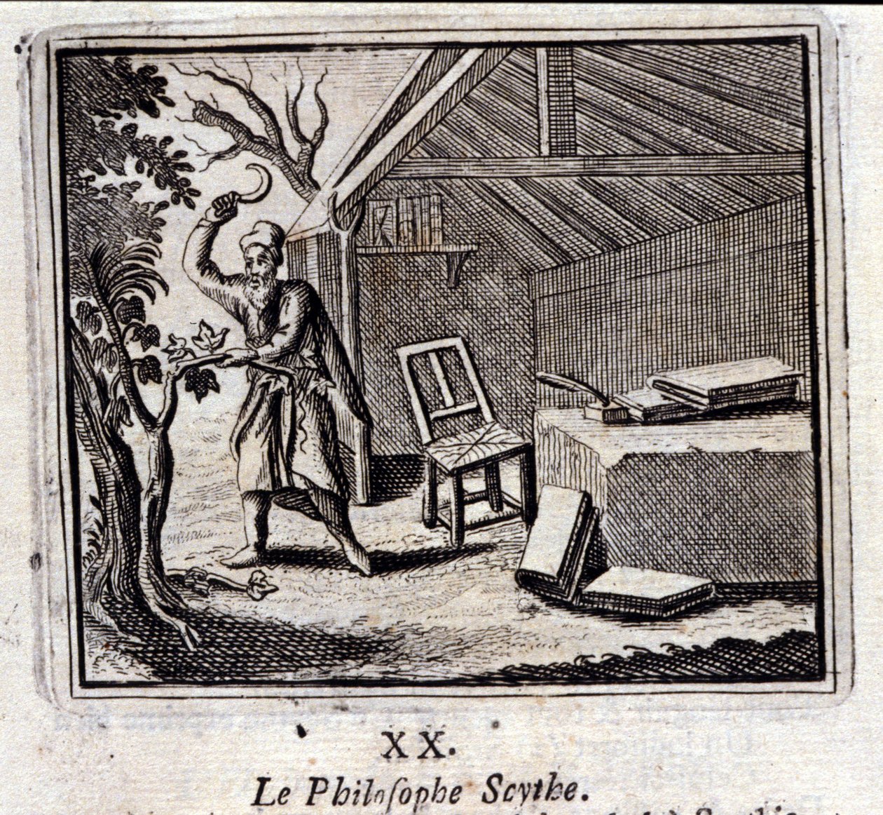 De filosoof Scythe. Fabels van Jean de La Fontaine. Illustratie door François Chauveau. Editie van 1728. door Francois Chauveau