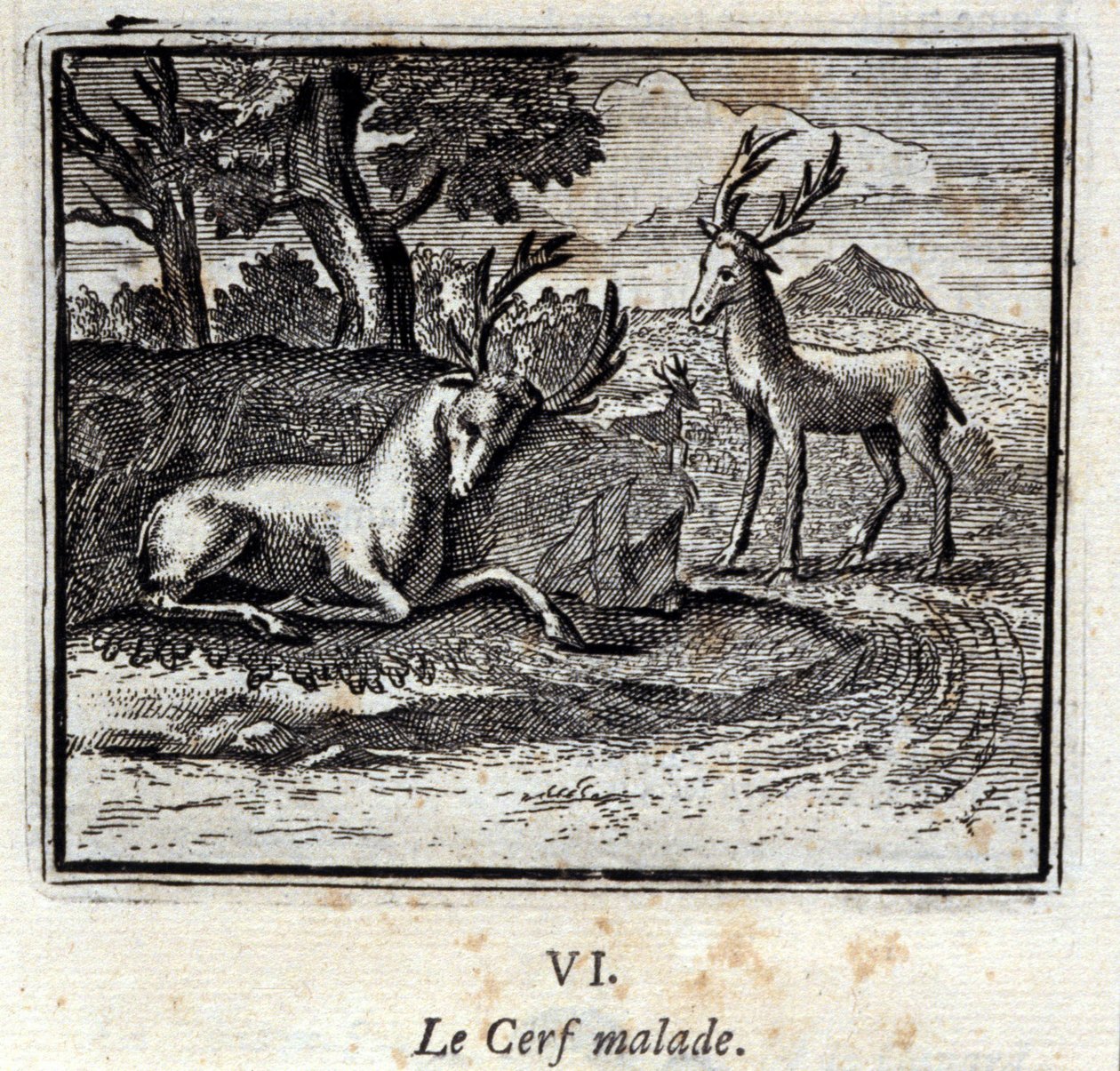 Het zieke hert. Fabels door Jean de La Fontaine (1621-95). Illustratie door François Chauveau (1613-1676). Editie van 1728. door Francois Chauveau