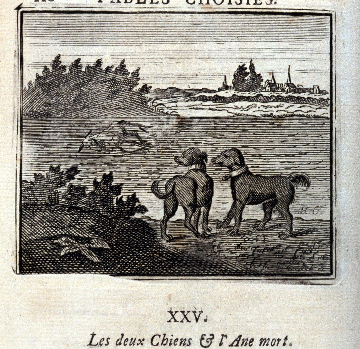 De twee honden en de dode ezel. Fabels door Jean de La Fontaine (1621-95). Illustratie door François Chauveau (1613-1676). Editie van 1728. door Francois Chauveau