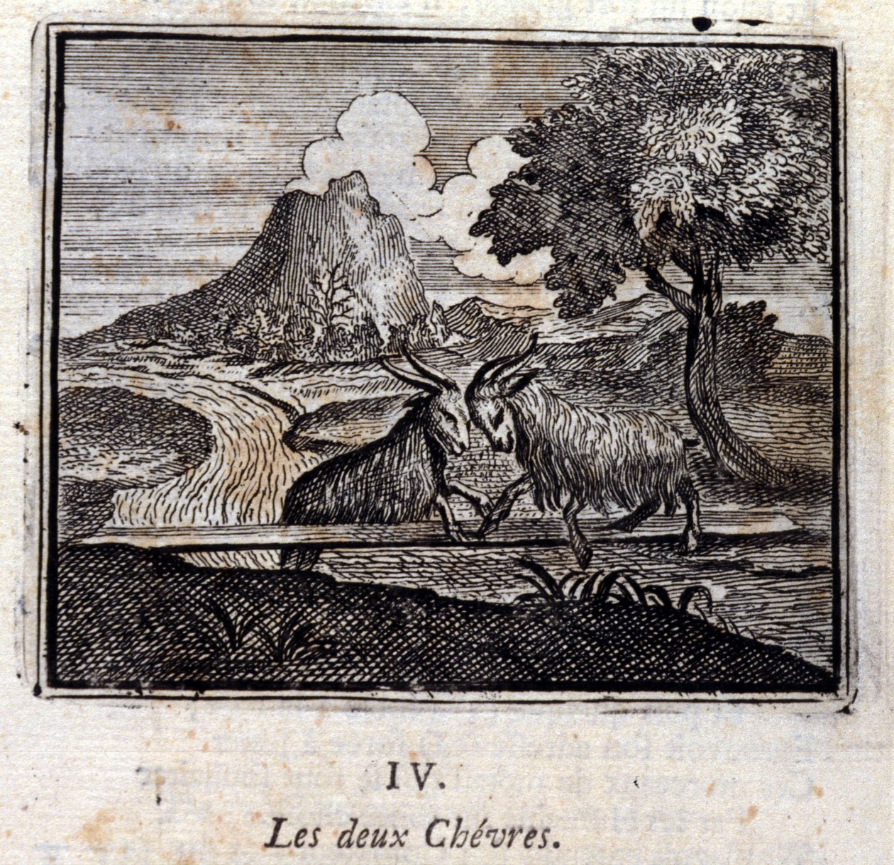 De twee geiten. Fabels door Jean de La Fontaine (1621-95). Illustratie door François Chauveau (1613-1676). Editie van 1728. door Francois Chauveau