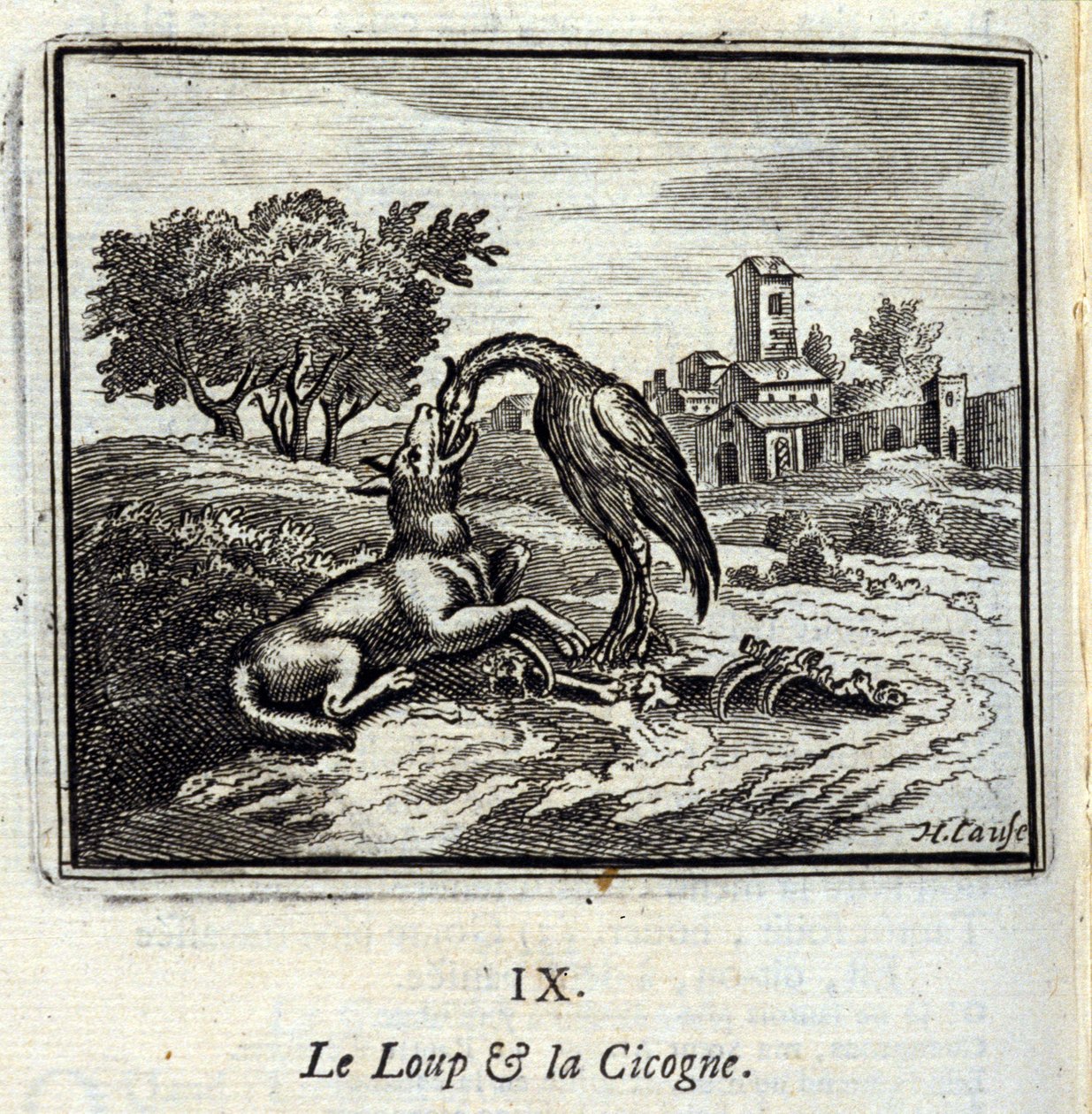 De wolf en de ooievaar. Fabels door Jean de La Fontaine (1621-95). Illustratie door François Chauveau (1613-1676). Editie van 1728. door Francois Chauveau