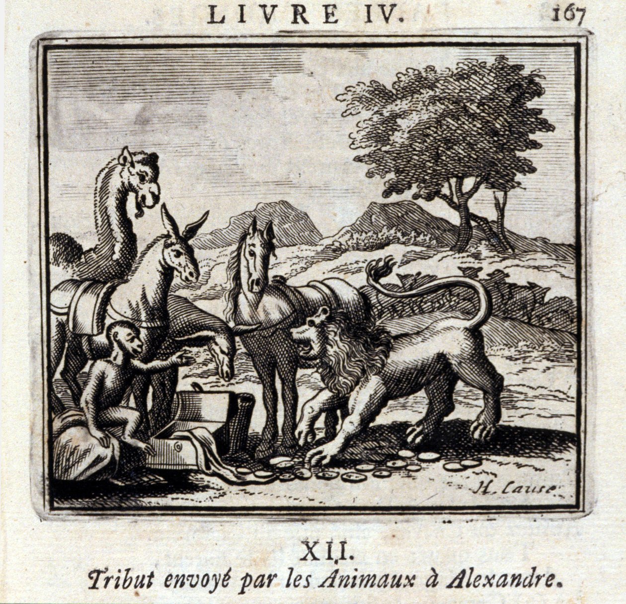 Hulde gebracht door de Dieren aan Alexander. Fabels van Jean de La Fontaine. Illustratie door François Chauveau. Editie van 1728. door Francois Chauveau