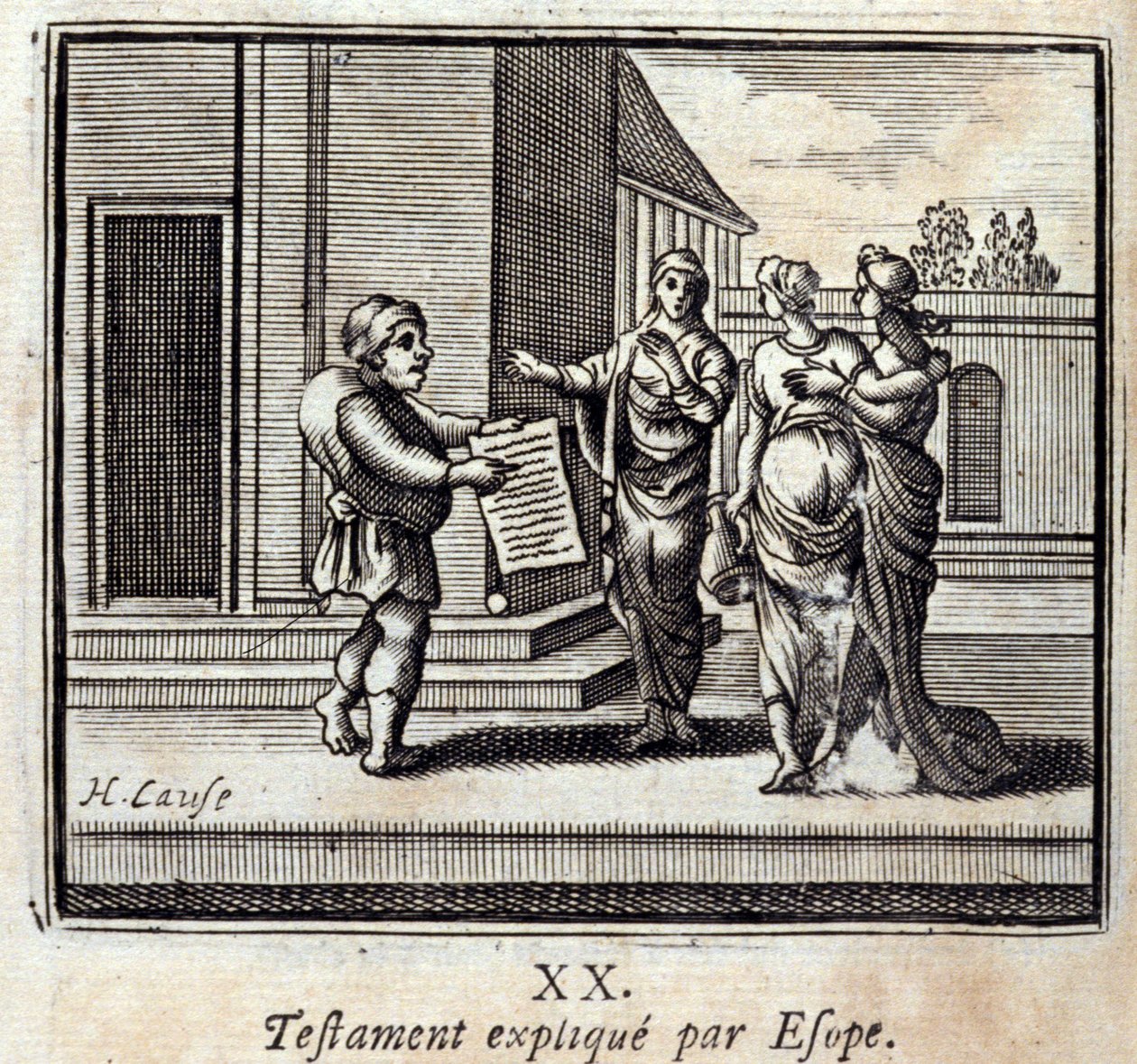Testament uitgelegd door Esope. Fabels van Jean de La Fontaine (1621-95). Illustratie door François Chauveau (1613-1676). Editie van 1728. door Francois Chauveau