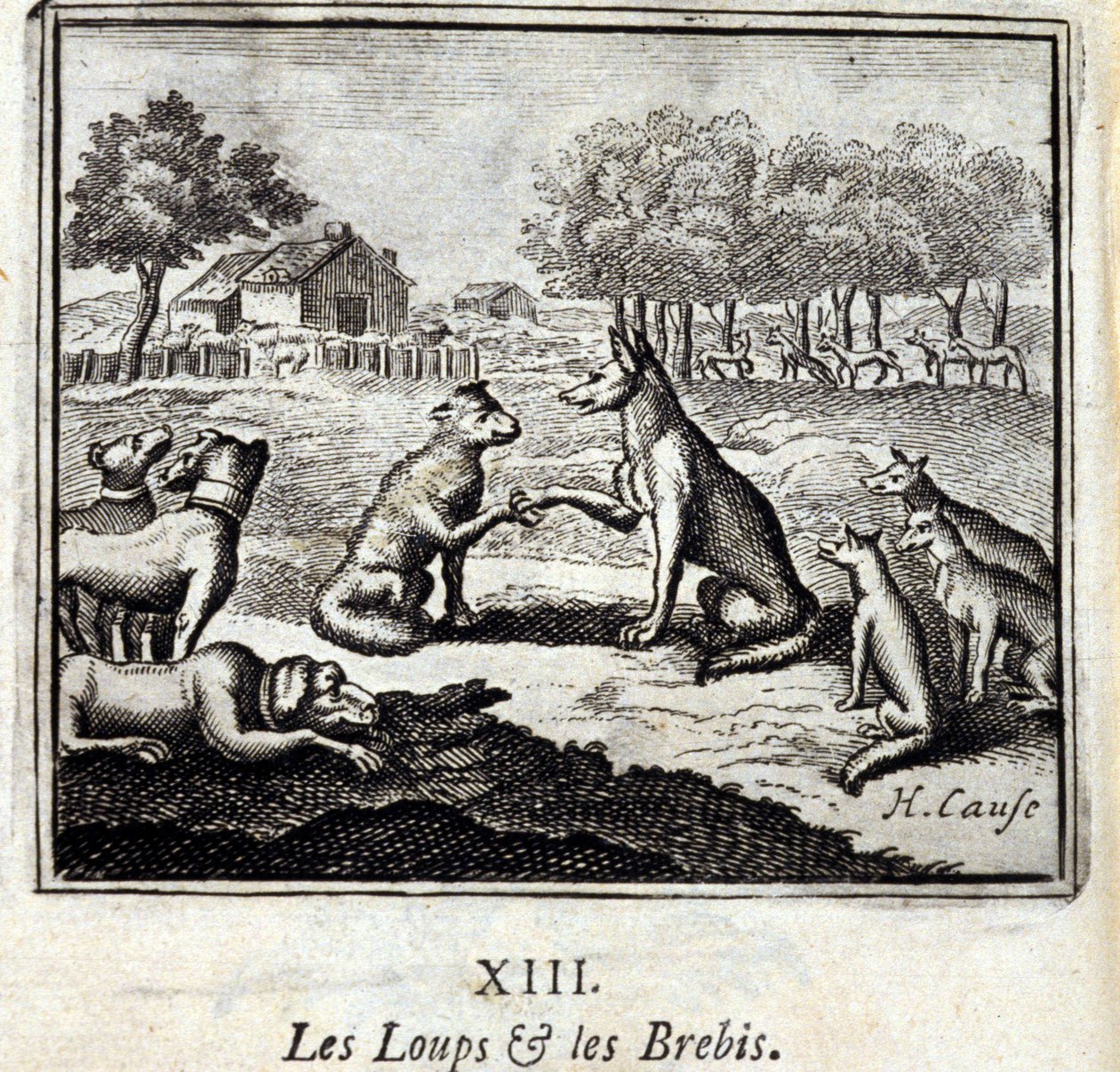 Wolven en schapen. Fabels van Jean de La Fontaine. Illustratie door François Chauveau. Editie van 1728. door Francois Chauveau