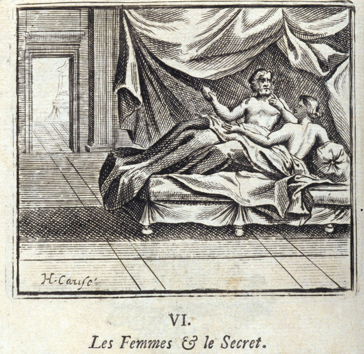 Vrouwen en geheimen. Fabels van Jean de La Fontaine. Illustratie door François Chauveau. Editie van 1728. door Francois Chauveau