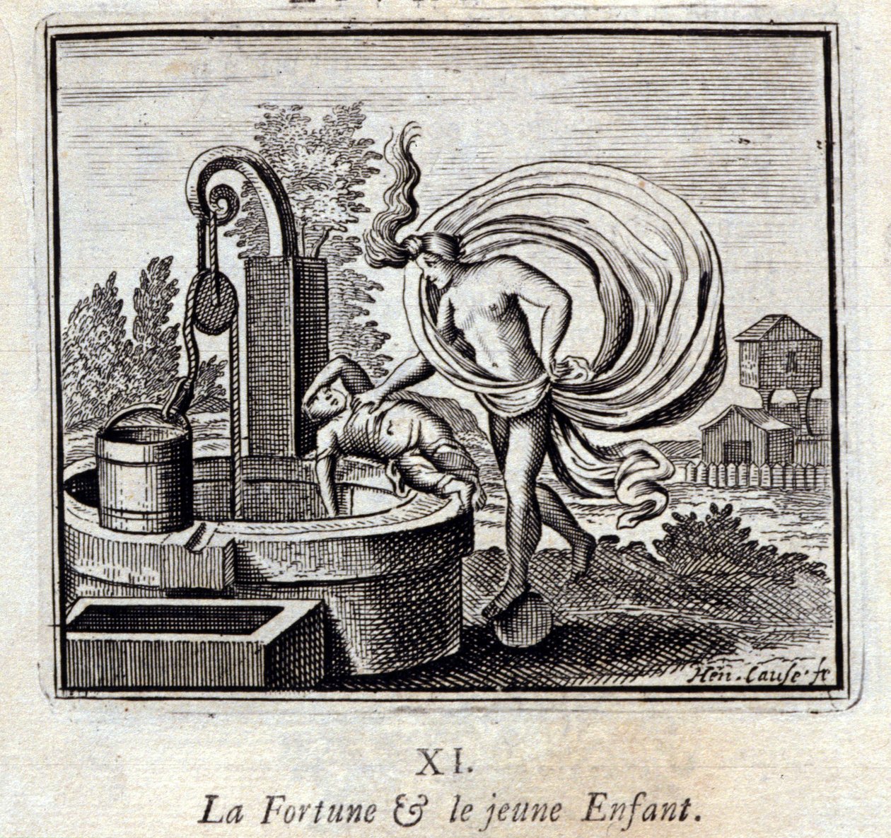Fortuna en het jonge kind. Fabels door Jean de La Fontaine (1621-95). Illustratie door François Chauveau (1613-1676). Editie van 1728. door Francois Chauveau