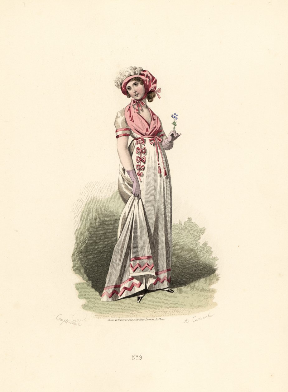 Vrouw in witte jurk, roze fichu en corsage door Francois Claudius (after) Compte Calix