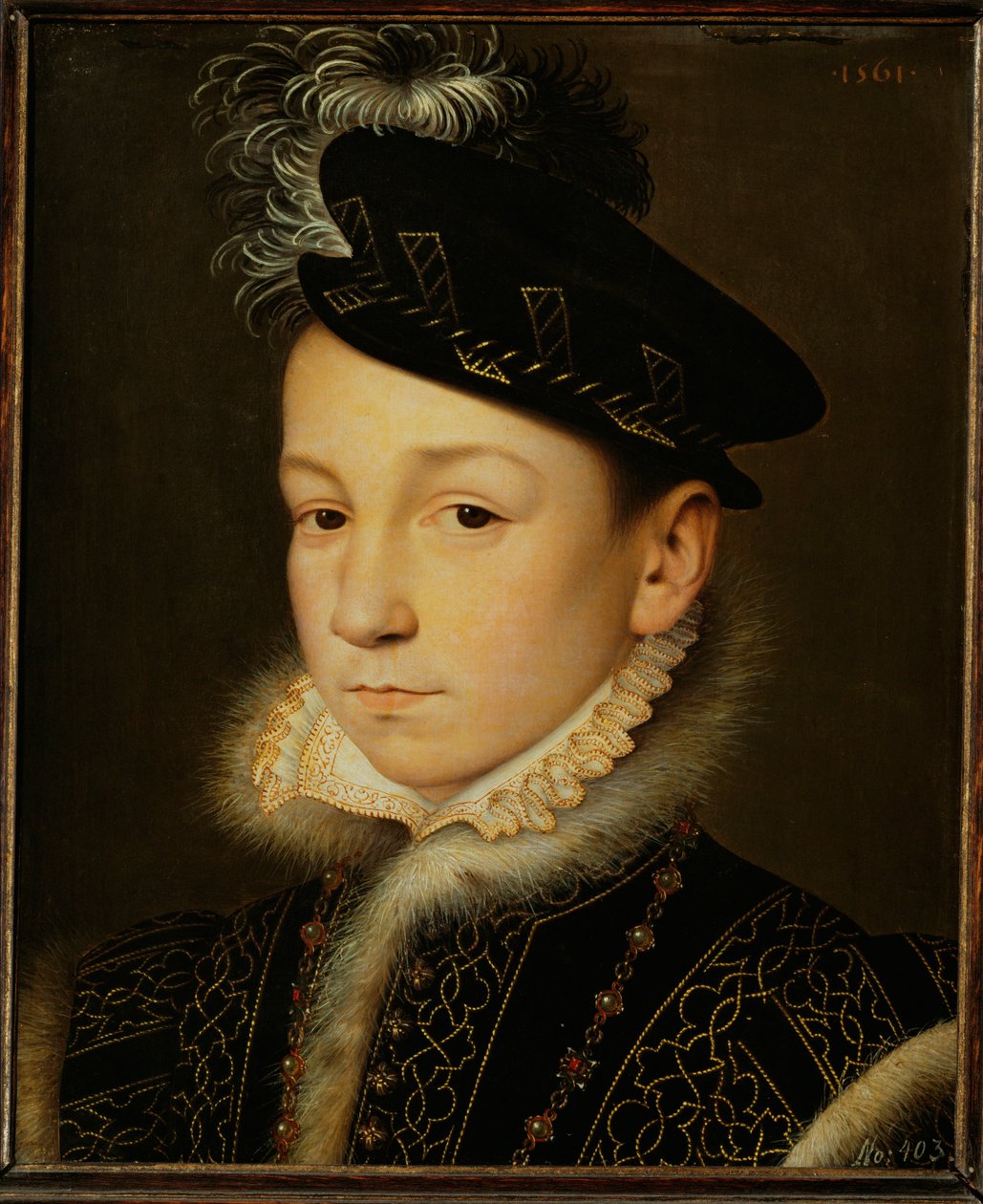 Koning Karel IX van Frankrijk ... (olieverf op eikenhout) door François Clouet
