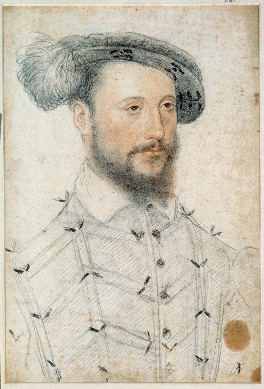 Portret van Antoine de Halluin, Heer van Piennes (1505 - 1553). Tekening met rood krijt en zwarte steen door Clouet Francois (1515-1572) door François Clouet