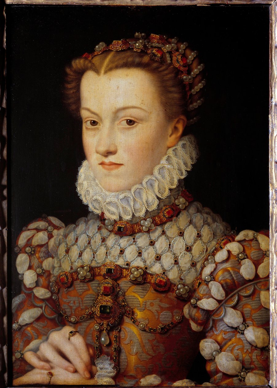 Portret van Elisabeth van Oostenrijk (1554-1592) Koningin van Frankrijk, echtgenote van Karel IX Schilderij door François Clouet (1515-1572) circa 1571 door François Clouet